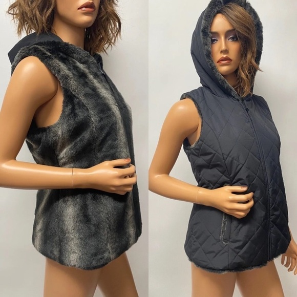 Kristen Blake Womens Size L Reversible Faux Fur Quilted Winter Vest in Black - Picture 2 of 8